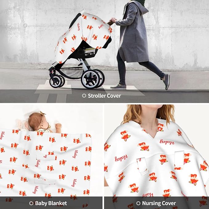 Personalized Red Little Cute Fox Baby Infant Car Seats Canopy for Babies with Name, Custom Lightweight Covers for Baby Boys Girls, Minky Nursing Breastfeeding Stroller Canopies for Newborn
