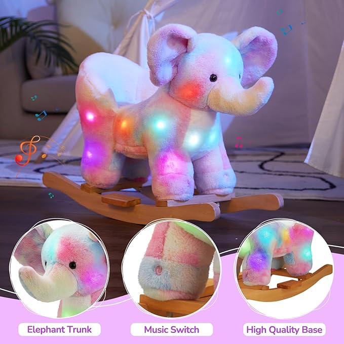 Glow Guards Light up Musical Elephant Baby Rocking Horse, Rainbow Elephant Rocker Set of 2 with Elephant Stuffed Animal, Stuffed Plush Ride-on Rocking Animal for Toddlers Baby Girl Ages 1-3