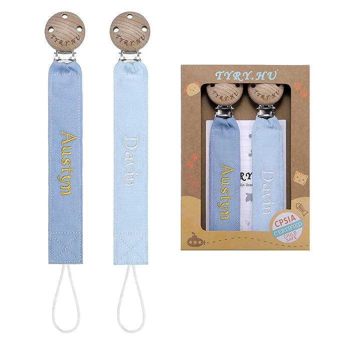 TYRY.HU Personalized Pacifier Clip with Name, Embroidery Pacifier Holder for Baby Girls and Boys, Neutral Binky Clips Universally Fit All Pacifiers, Baby Gift, 2 Pack(Blue,Light Blue)