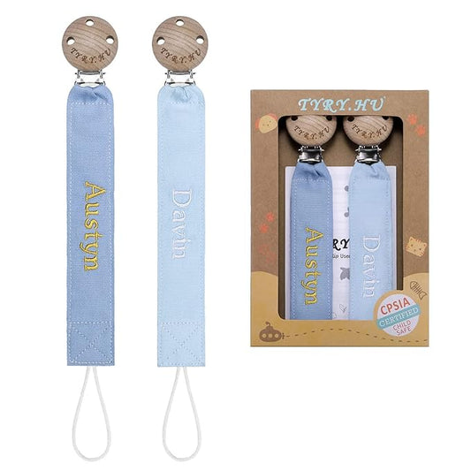 TYRY.HU Personalized Pacifier Clip with Name, Embroidery Pacifier Holder for Baby Girls and Boys, Neutral Binky Clips Universally Fit All Pacifiers, Baby Gift, 2 Pack(Blue,Light Blue)