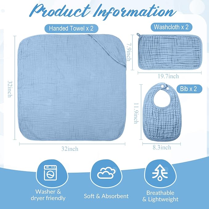 Hahafelt 6 Pcs Muslin Hooded Bath Towels Washcloths and Bibs Set, Muslin Cotton Baby Towels Absorbent Hooded Blanket Towel Infant Bibs for Boys Girls Newborn Infant Essential(Blue, Navy Blue)