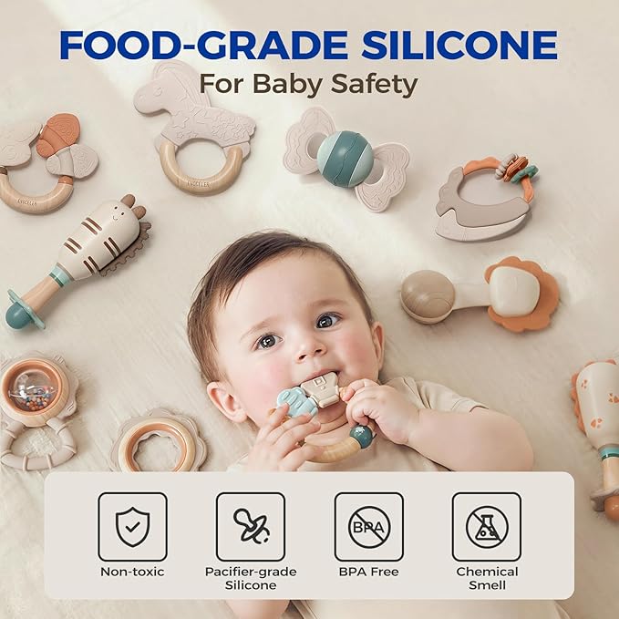 Evoceler Softness Staged Baby Teething Toys with Rattles for 0-6 Months (30° Super Soft, 50° Soft, 70° Regular) -10 Pcs Shaker Toys, Food-Grade Silicone Teethers for Babies 0-18+ Months, BPA Free