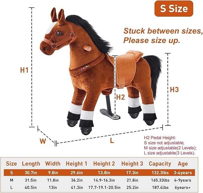 Ride on Horse Toy for Kids Riding Horse Pony Rider Mechanical Cycle Walking Action Plush Animal for 3 to 4 Years, No Battery or Electricity,Max Load 132 LBS, Small Size