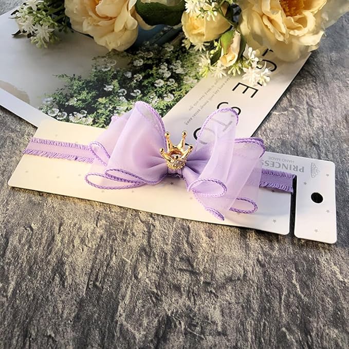 Cute Baby Girl Headband with Lace Bow and Crown Elastic Lace Bow Hair Band Newborn to Toddler Hair Accessory Shower Birthday Party Gift (Purple, Free)