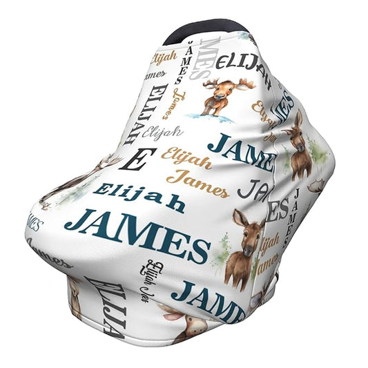 Personalized Car Seat Covers for Babies with Name – Multi-use Breastfeeding Cover Custom Moose Carseat Canopy Cover, Infant Stroller Covers for Boys and Girls