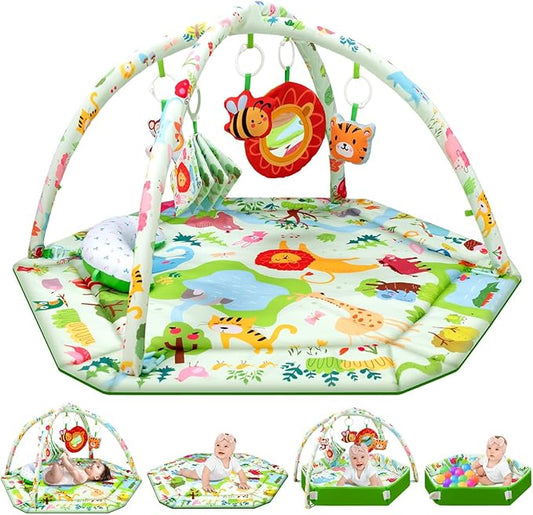 lulunemo Baby Play Mat,Tummy Time Mat with 6 Detachable Toys-Activity Gym for Visual, Auditory & Motor Development-Washable Baby Activity Mat for 0-12 Month Infants(Animal Theme)