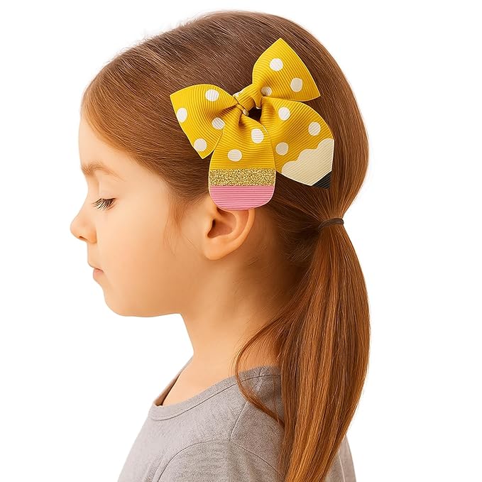YKW Yellow Polka Dot Pencil Hair Bow Clip for Girls - Cute School Themed Grosgrain Ribbon Accessory with Secure Metal Fastener - First Day Teacher Gift - 3.9 Inch