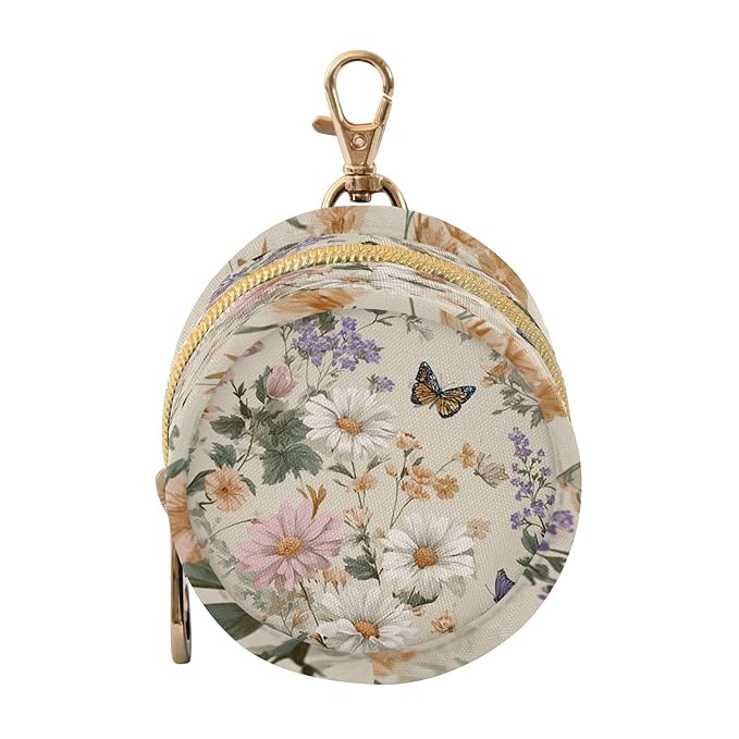 Pacifier Holder with Clip Pacifier Case for Diaper Bag Round Baby Pacifier Pouch Box Bag Portable Beige Flowers and Butterflies Spring