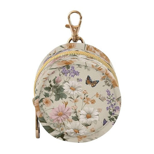 Pacifier Holder with Clip Pacifier Case for Diaper Bag Round Baby Pacifier Pouch Box Bag Portable Beige Flowers and Butterflies Spring
