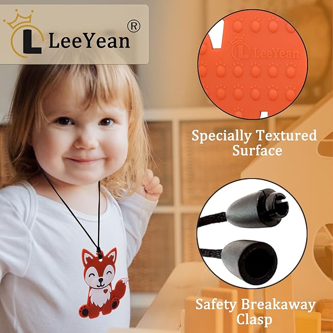 Chew Necklaces for Sensory Kids Boys and Girls, 2 Pack Fox Silicone Chewy Necklace for Autism, ADHD, SPD, Chewy Oral Motor Chewing Toy for Adults