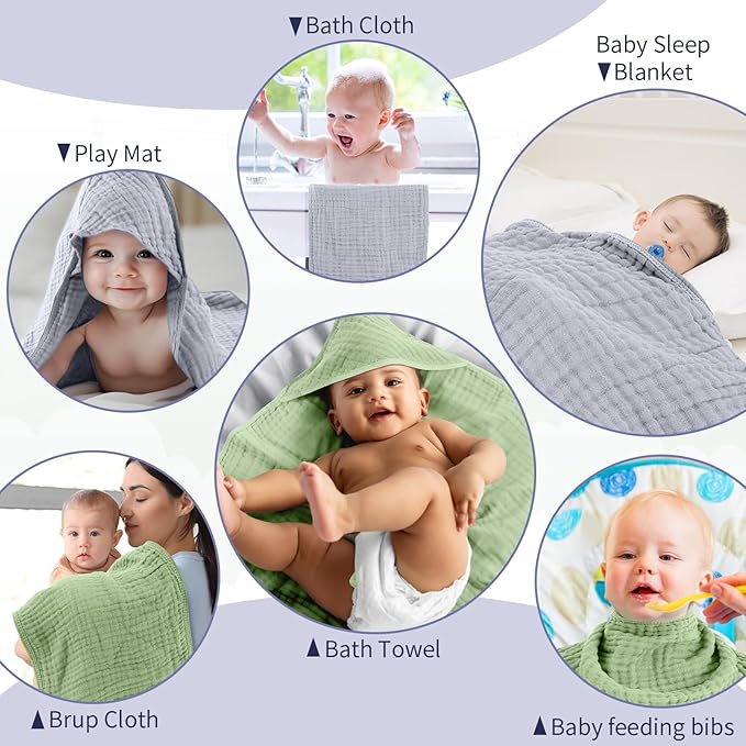 VitalCozy 6 Pcs Baby Muslin Hooded Bath Towels and Washcloths Muslin Cotton Hooded Baby Towels Absorbent Blankets for Gift Newborn Infant Shower (32 x 32 Inch,Sage Green,Grey)