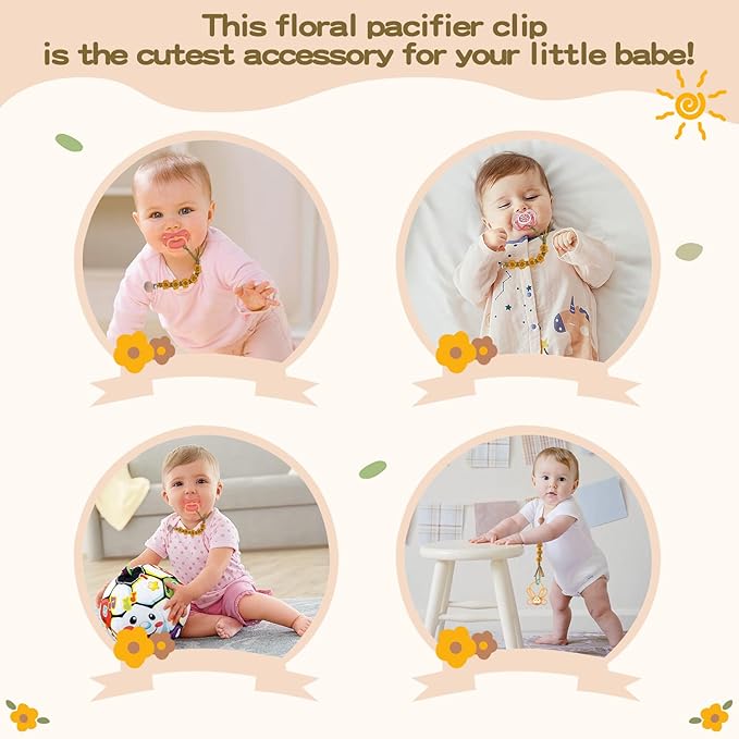 Pacifier Clip for Boys Girls Floral Daisy Macrame Paci Clip Pacifier Holder Leash Boho Wooden Clips Handmade Braided Cotton Unisex Baby Shower Birthday Gift
