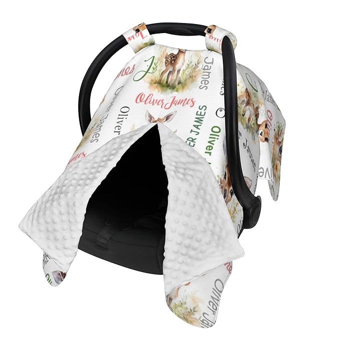 Personalized Baby Car Seat Cover Winter Custom Minky Carseat Cover Boy Girls with Name Deer Carseat Canopy Customized Car Seat Canopy Infant Carrier Covers Nursing Cover Toddler Blanket