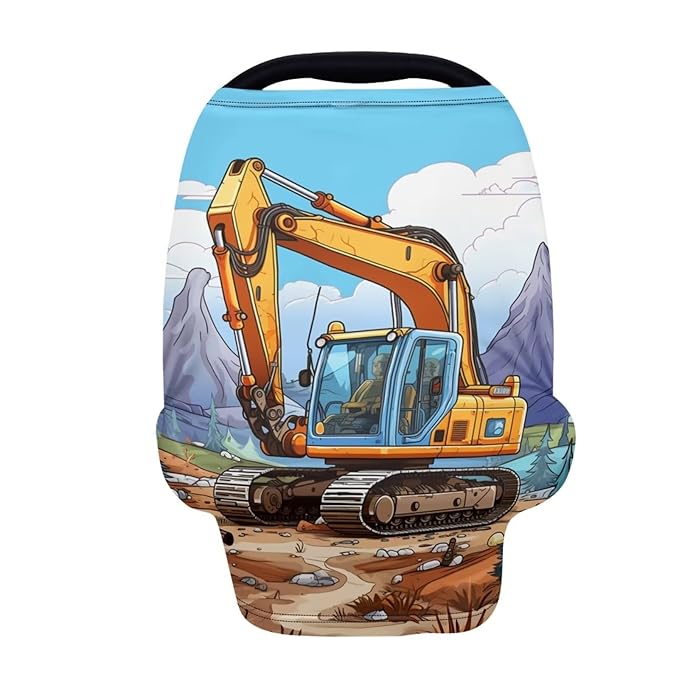 HUIACONG Cool Digger Nursing Cover Cartoon Excavator Baby Car Seat Covers for Boys Infant Stroller Cover Breathable Stretchy Coverage Soft Breastfeeding Scarf