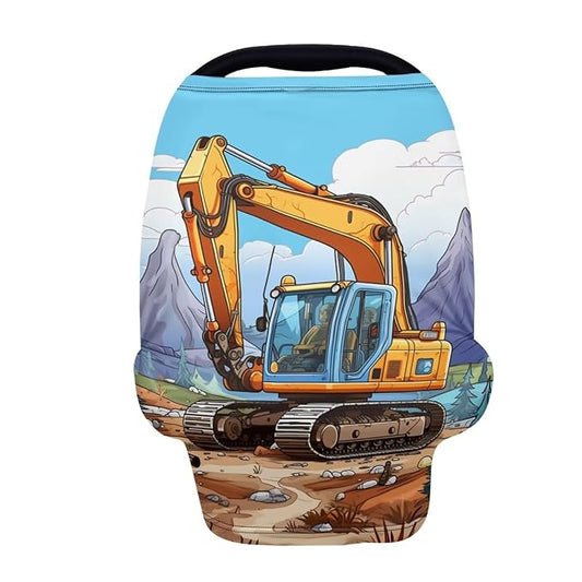 HUIACONG Cool Digger Nursing Cover Cartoon Excavator Baby Car Seat Covers for Boys Infant Stroller Cover Breathable Stretchy Coverage Soft Breastfeeding Scarf