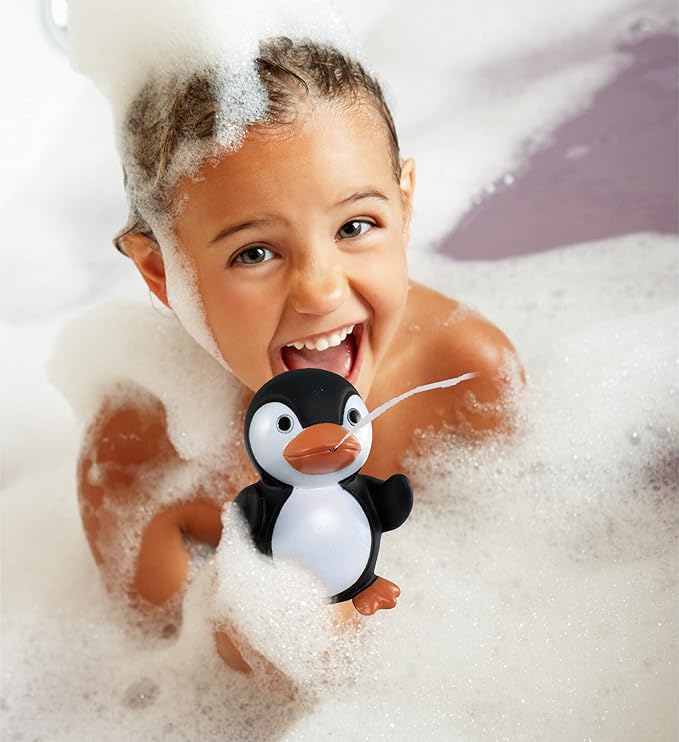 DolliBu Penguin Bath Buddy Squirter - Floating Black Penguin Rubber Bath Toy, Fun Water Squirting Bathtime Play for Toddlers, Cute Sea Life Animal Toy for The Bathtub, Beach, & Pool for Girls & Boys