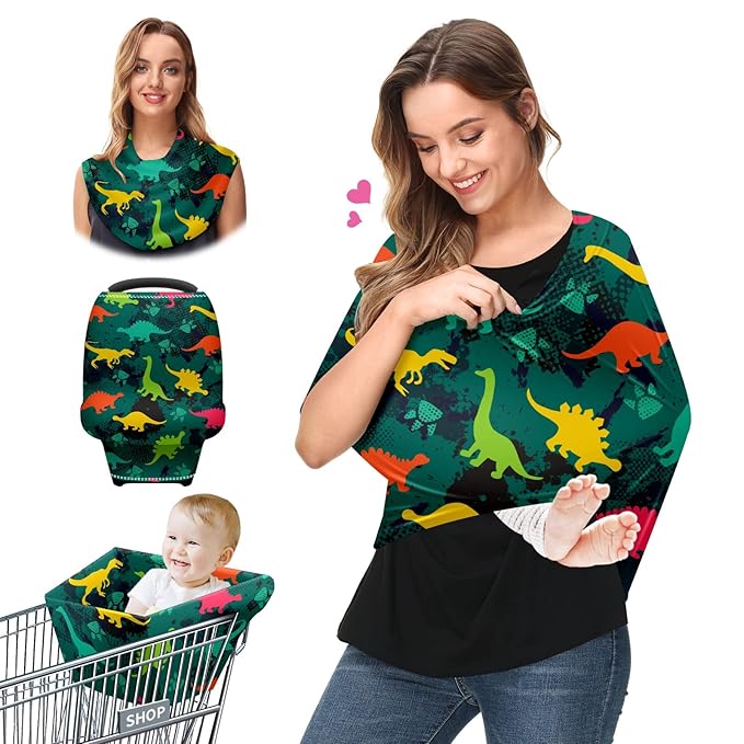 Baby Car Seat Stroller Covers Dinosaur Silhouettes Nursing Cover Breastfeeding Scarf Soft Breathable Stretchy Infant Car Canopy Coverage Carseat Cover for Boys and Girls Multi Use