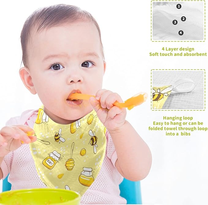 Baby Washcloths Cotton Flying Bees Honey Baby Muslin Washcloths Soft Baby Face Towel for Newborn Infants Baby Wipes, 11.8 X 11.8 Inch, 3 Pack Yellow