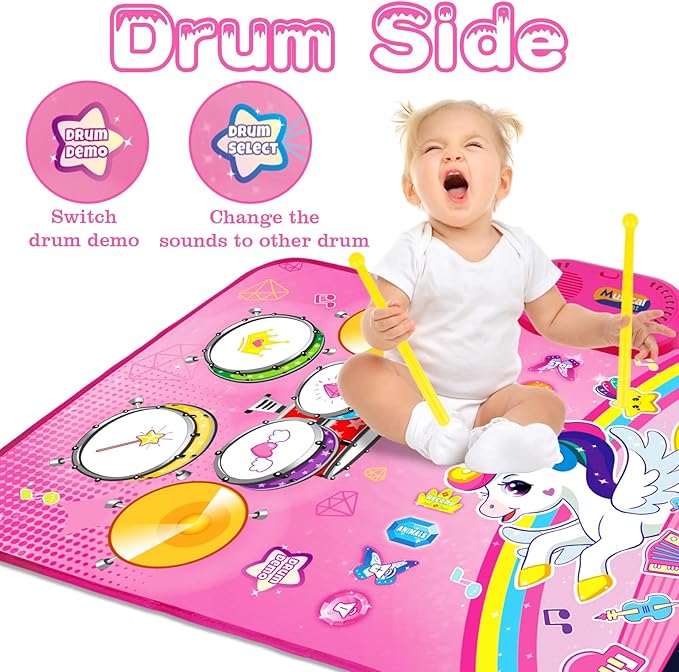 Toys for 1 Year Old Girl Gifts: Baby Music Mat Toddler Toys Age 1-2 - 3 in 1 Piano Drum Animal Touch Unicorn Toy - Infant Musical Toy 12-18 Months Babies Birthday Easter Gifts for 1 2 3 Year Old Girls