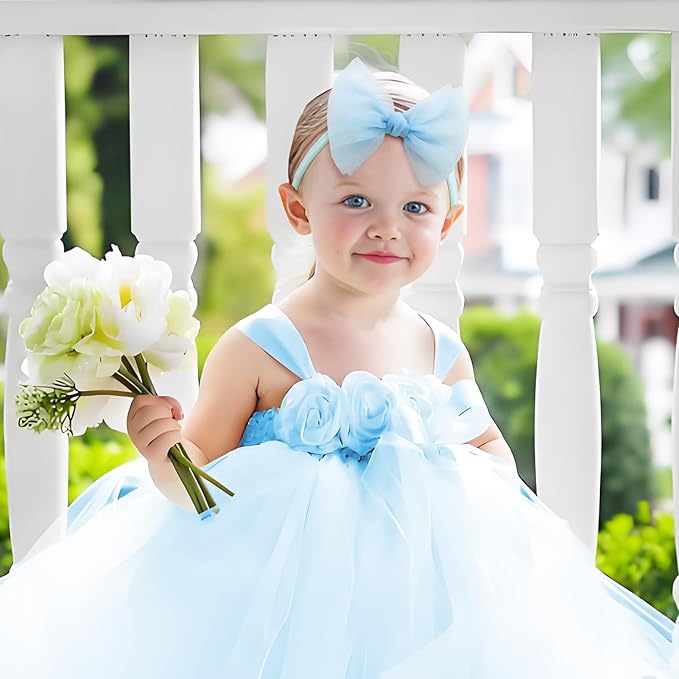 4 Pcs 4.5’’ Organza Lace Bow for Baby Girls Blue Headbands Black Mesh Hair Bows Baby Shower Gifts for Newborn Infant Toddler Girl