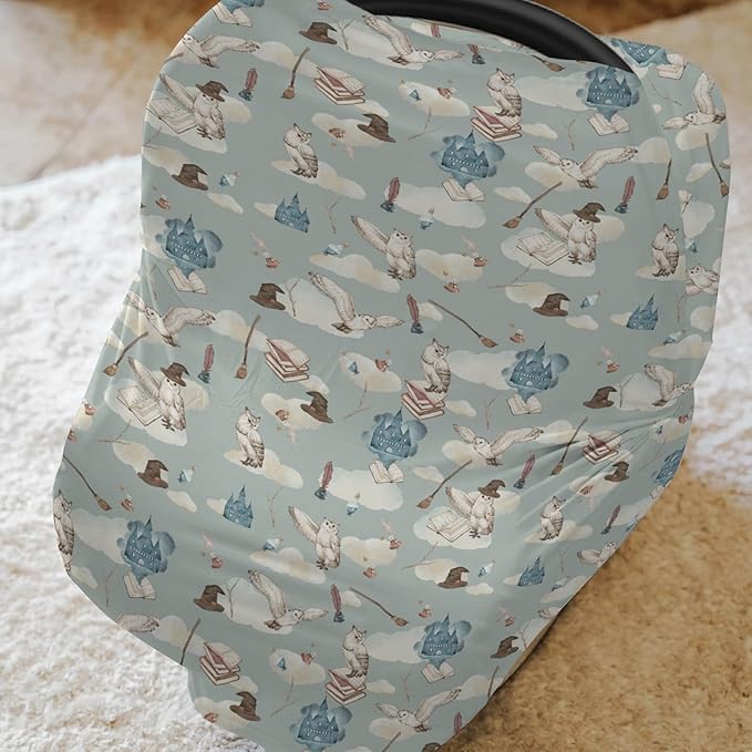 Vintage Wizard Owls Car Seat Cover for Babies Watercolor Witch Hat Books Castle Clouds Stretchy 5-in-1 Cover Adjustable Infant Carseat Canopy Cover Magics Wizard Universe Breathable Nursing Cover-Up