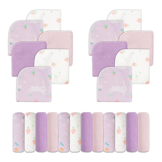 Viviland Baby Washcloths, Super Soft Baby Bath Towels for Newborn 24 Pack, Absorbent Face & Body Wash Cloth for Baby Girl, Purple-Rabbit Pattern, 9 x 9 inch