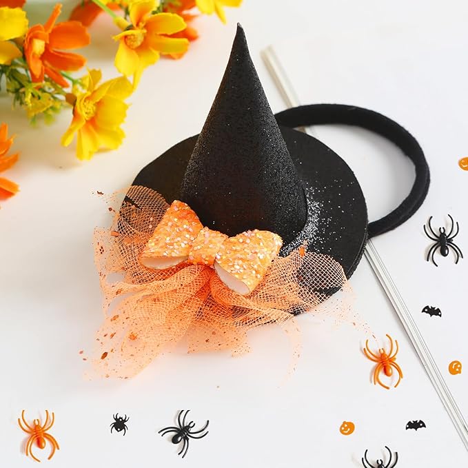 Baby Girls Mini Witch Hat Headband Infant Toddler Glitter Bow Tulle Party Hair Accessories Orange