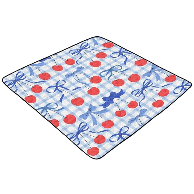 Baby Play Mat Checkered Cherries Bows Blue 50 x 50 Playpen Mat Baby Play Mats for Floor Play Gym Crawling Mat Non-Slip Cushioned Baby Playmat for Infants, Babies, Toddlers