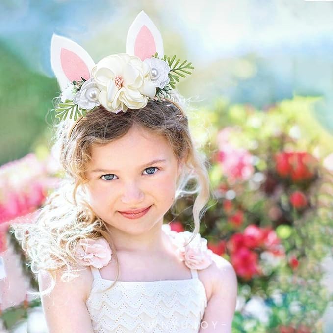 Baby Girls Flower Headband Easter Bunny Ears Nylon Hairband Cute Floral Rabbit Fairy Hair Accessories for Newborn Infant Toddler Kid