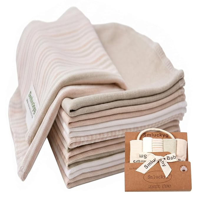 Organic Cotton Baby Washcloths - 10 Pack | Ultra-Soft Newborn Face Bath Towel - Reusable Baby Wipes for Delicate Skin Thin & Lightweight (Multicolor)