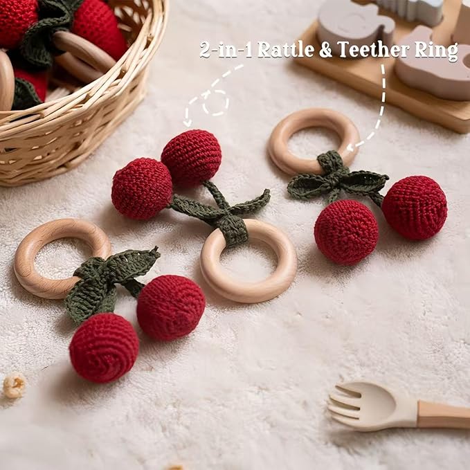 Wooden Baby Rattle Toys Stuffed Crochet Rattle with Teether Ring for Newborn Babies Fruit Wooden Teether Toy Infant Toddler Handcrafted Crochet Rattles Cute Shower Gifts for Boy and Girls