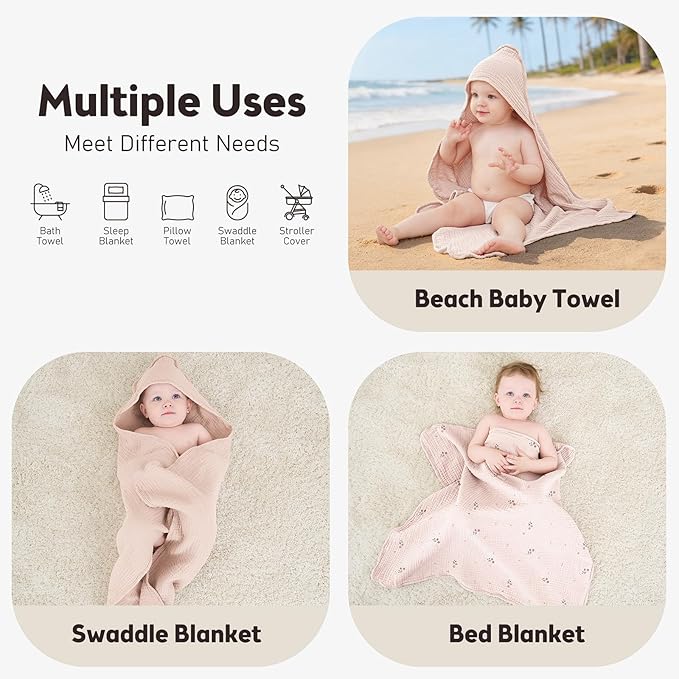 Susurration 2 Pack Thick Muslin Baby Towels, 100% Cotton Soft and Absorbent Baby Bath Hooded Towel for Newborn, Infant, Girls, Boys, Baby Essentials