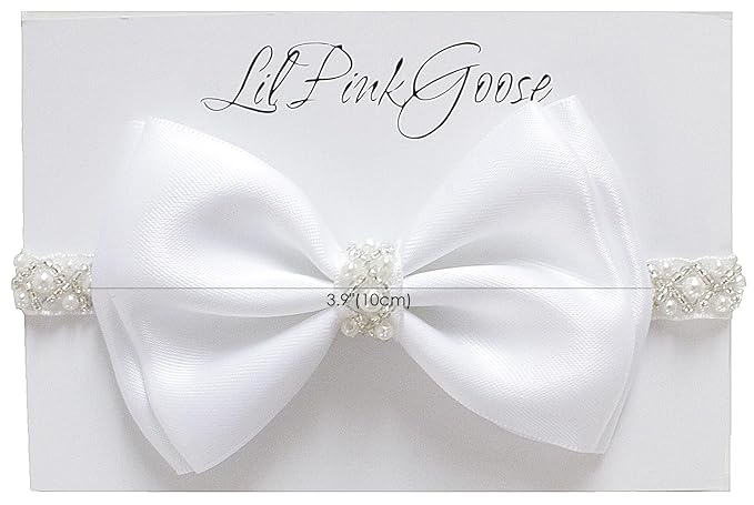 0-12 Newborn Baby Baptism Pearl Headband or Clip with Bow in WHITE Christening Headband with Satin Bow, Pearl Rhinestone Band (White(6-12Months), 1 Count (Pack of 1))