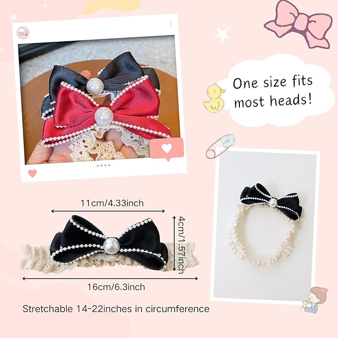Bow Lace Headbands for Baby Girls Soft Tulle Ribbon Pearl Head Wrap Elastic Bow-knot Hair Band Shower Birthday Hair Accessory for Newborn Infant Toddler (Red A, Elastic)