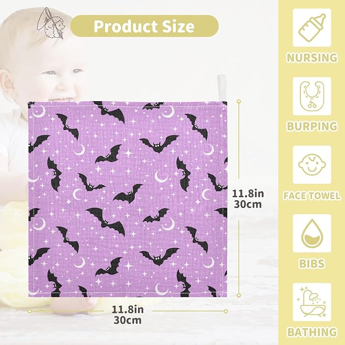 Newborn Face Towel Halloween Bats Moons Soft Cotton Baby Washcloths 11.8 x 11.8 Inch Infants Girls Boys Muslin Burp Cloths 5 Pack