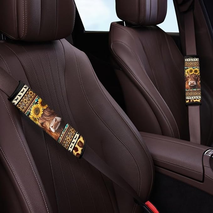 UNICEU Western Aztec Sunflower Highland Cow Auto Seat Belt Pads 2 Piece Sets Soft Comfortable Shoulder Seatbelt Pad Cover for Women Men,Southwestern Car Accessory Decoration
