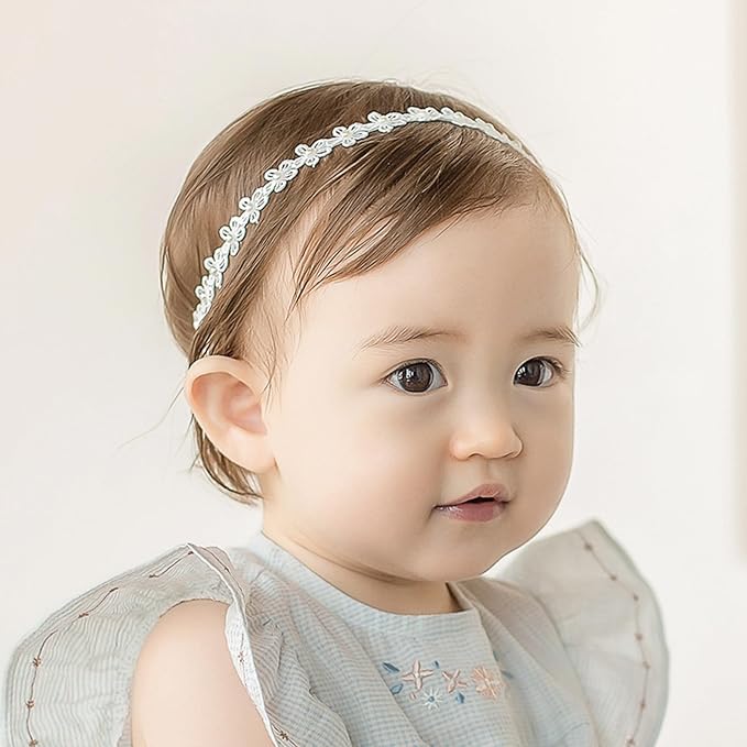 Baby Girls Flower Crown Headband Lace Handmade Floral Headbands Soft Elastic Band Daisy Hairband Newborn Infant Toddler Kids for Christening Baptism Birthday Party(White, Pearl)