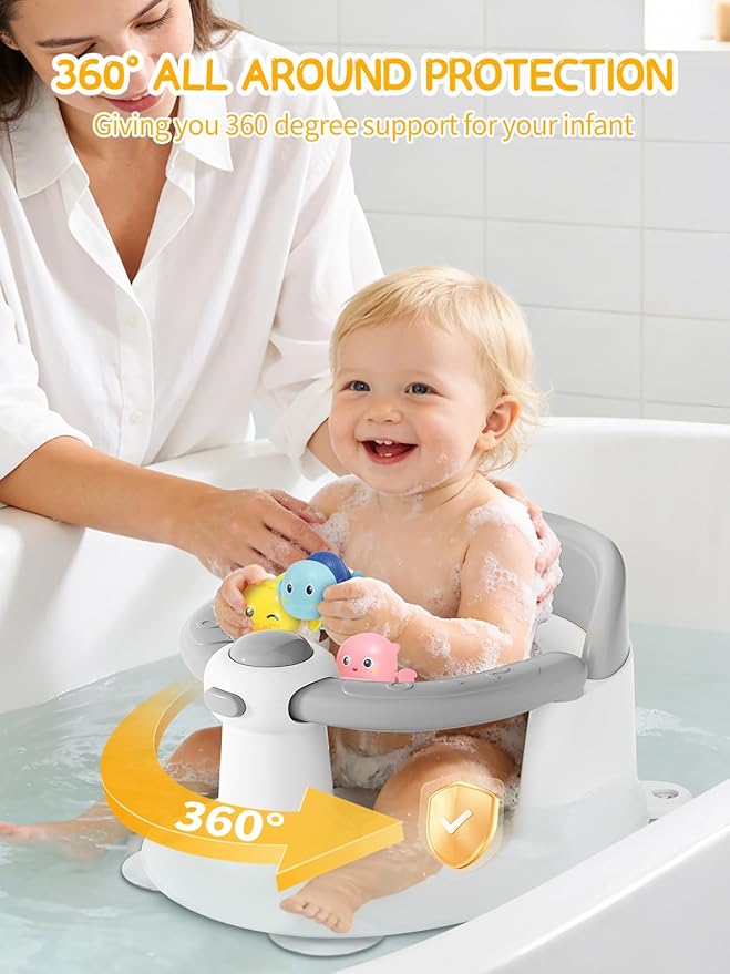 Baby Bath Seat for Babies 6 Months & Up - Bathtub Seats for Babies with 3 Baby Bath Toys, Non-Slip, Comfortable, Infant Bath Essentials-Grey