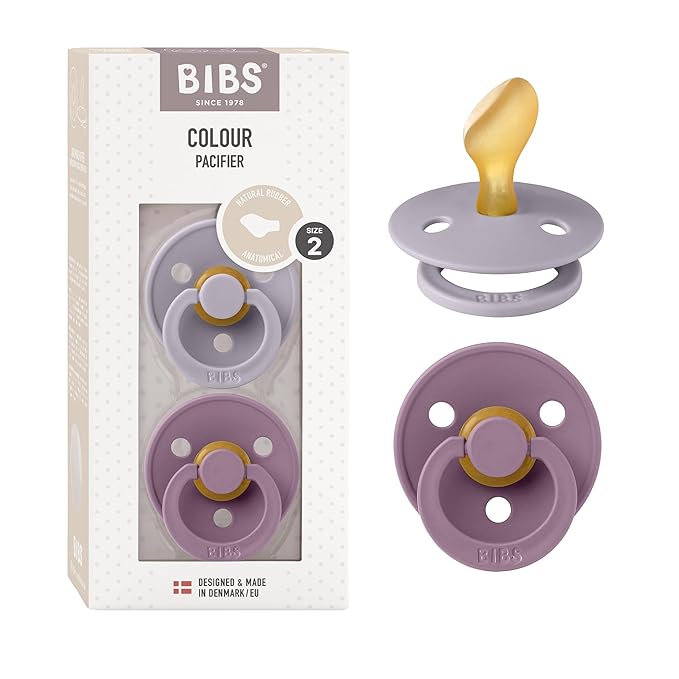 BIBS Pacifiers - Set of 2 | Colour Pacifier with Anatomical Nipple | BPA-Free Natural Rubber | Made in Denmark | Fossil Grey/Mauve, 6-18 Months