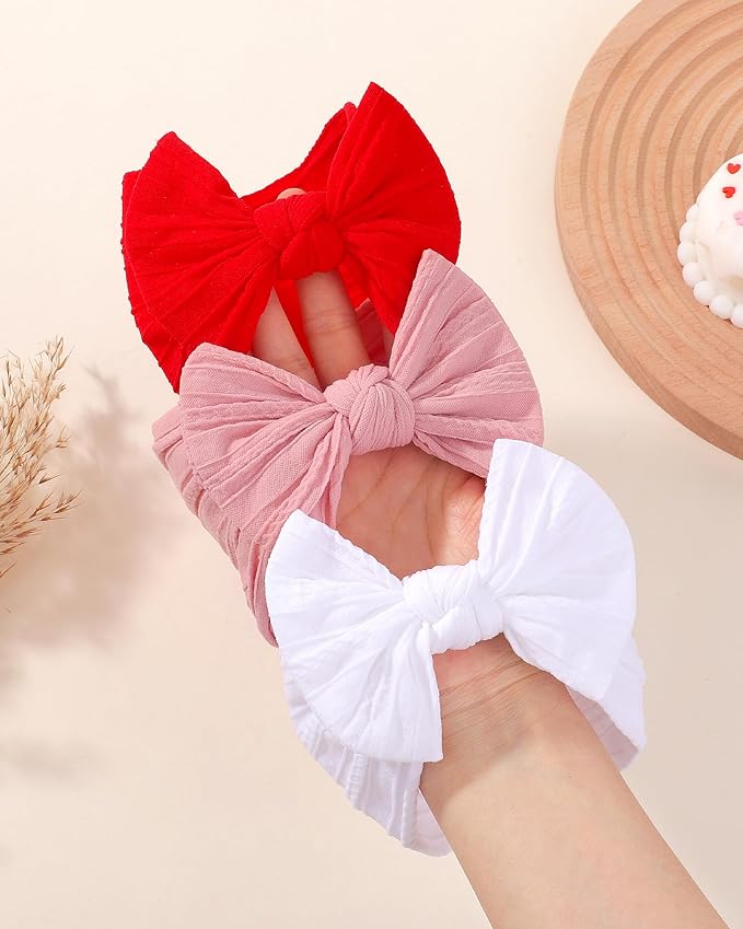 jollybows 3PCS Baby Bows Headbands Soft Nylon Baby Girl Headbands for Newborn Infant Toddler Kids Christmas Bow Wide Hairbands Hair Accessories(White Pink Red)