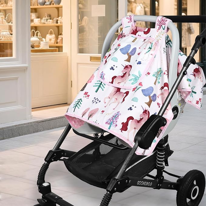 Car Seat Cover Baby,Man Fai Sky Infant Car Seat Covers Girl with Breathable Mesh Peep Window,Windproof and Peek-Proof Newborn Carrier Canopy for 4 Seasons,Pink