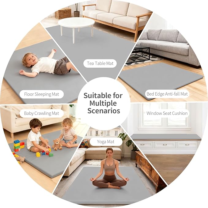 PU Leather Baby Play Mat for Floor, 50"×50" Playpen Mat, 1.3" Thick Elasti-Foam, Non-Slip Crawling Mat for Tummy Time, Waterproof & Wipe-Clean Playmat for Toddler,Infant, Kids (Grey）