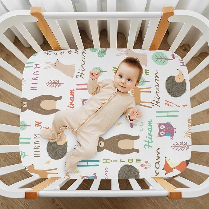 Personalized Name Mini Crib Sheet for Baby Girls Boys - Customized Monogram Pack and Play Sheets, Multiuse Sheet for Pack & Play, Playard, Playpen, Mini Crib Mattress - Cute Animal
