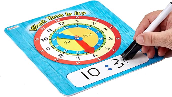 ZazzyKid Time Learning Analog Clock for Kids - Pack of 5 (7 x 8 Inches) with 5 Erasable Markers: Teach Children to Tell The Time