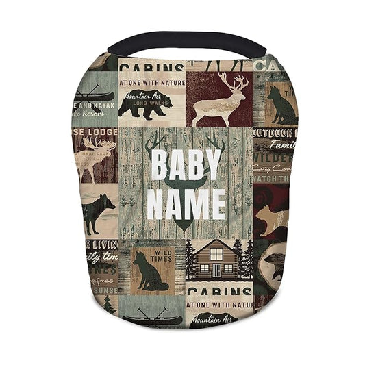 Personalized Baby Car Seat Covers with Name, Custom Nursing Cover Breastfeeding for Babies, Carseat Canopy for Boys and Girls, Infant Stroller Cover, Breathable Carseats Cover(Woodland Adventure)
