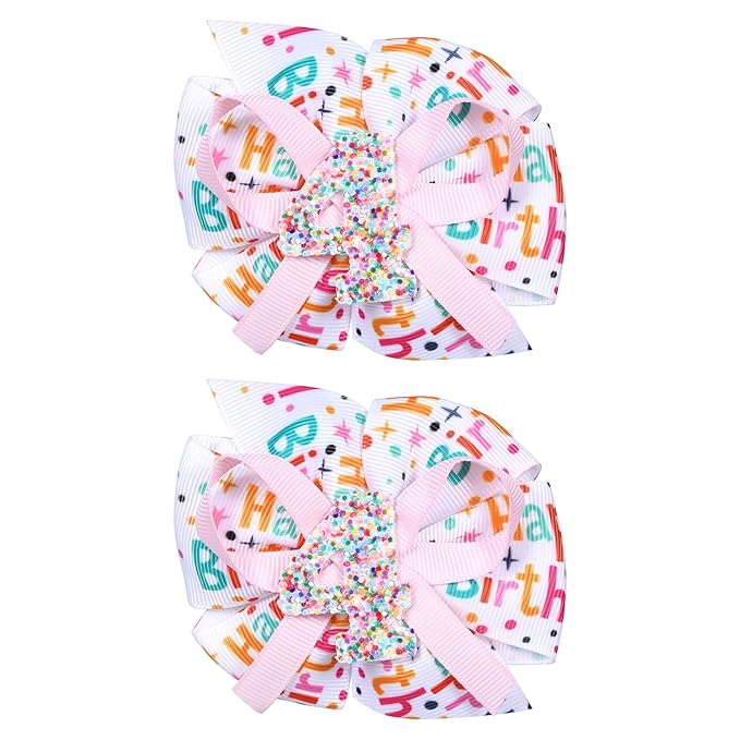 3.5in Glitter Happy Birthday Gift Hair Bows Alligator Clips for Girls 1-6 Years Pink Sprinkle Confetti Ice Cream Party Dress Pigtail Decoration Accessories for Kids 4th Birthday