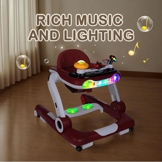 Kinder King Baby Walker with Music & Lights, 5 in 1 Baby Activity Walker with Wheel, Adjustable Height & Seat, Learning-Seated & Toddler Walk-Behind, Safety Bumper, Infant Walker Anti-Rollover, Red