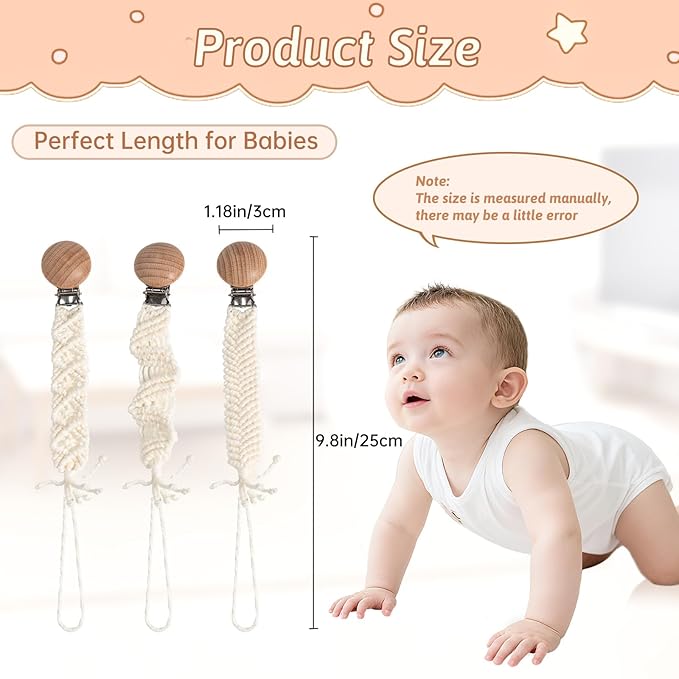 Boho Pacifier Clip for Boys Girls Pacifier Holder Leash Wooden Clips Handmade Braided Cotton Unisex Baby Shower Birthday Gift Christmas Gift (Pattern 8)