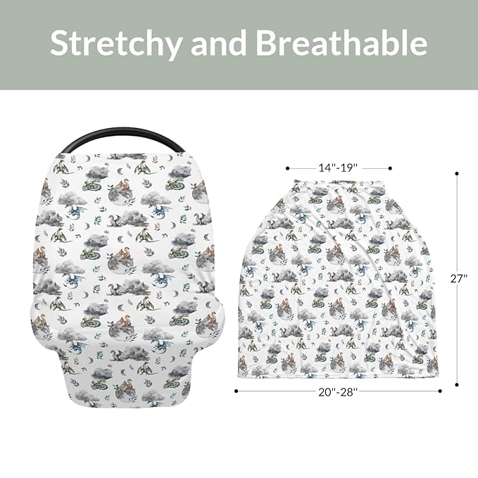 Watercolor Dragons Car Seat Covers for Babies Fairytale Dragon Wings Leaves Stretchy 5-in-1 Cover Adjustable Infant Carseat Cover Canopy Dragon Moon Clouds Breathable Nursing Cover-Up