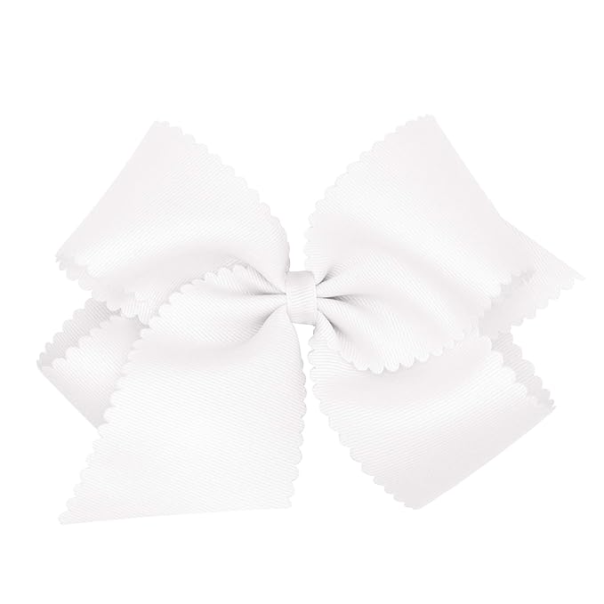 Wee Ones Girls' Classic Grosgrain Hair Bow with Scalloped Edges, No-Slip Hair Clip, Handmade, White, King
